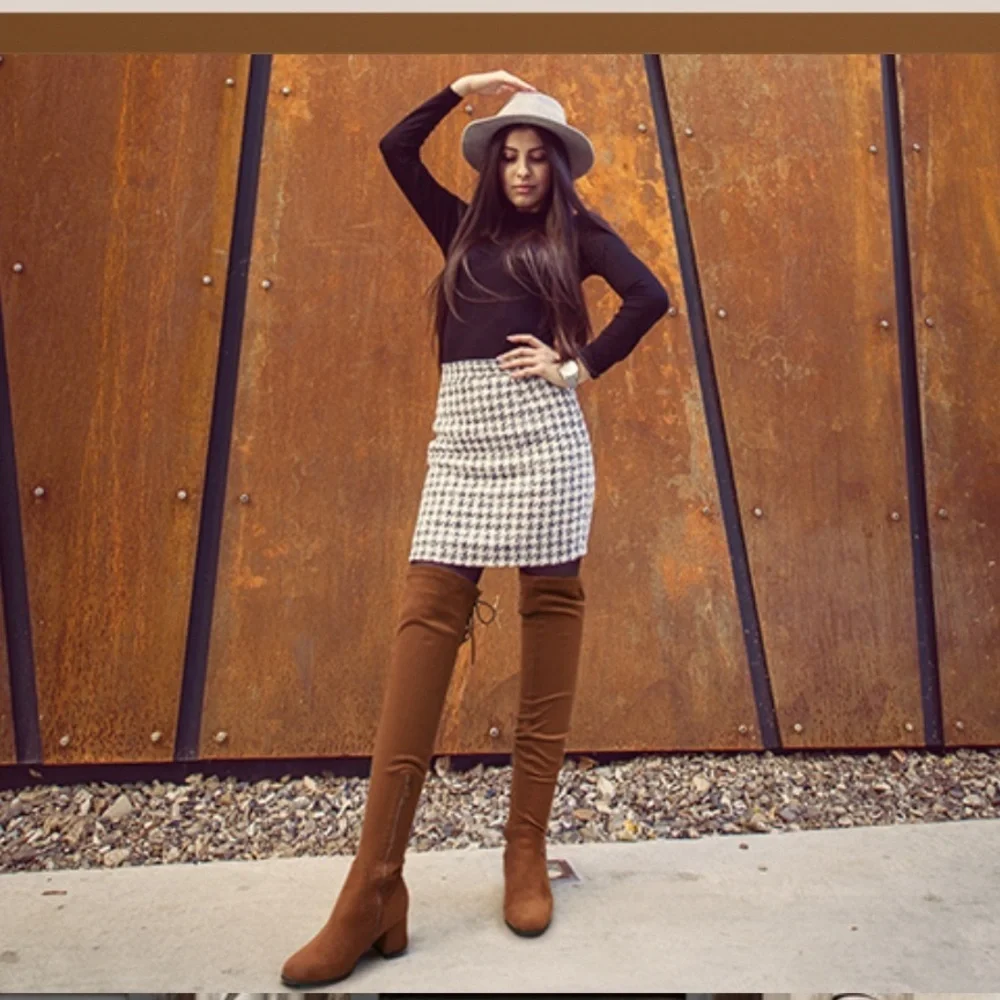 DREAM PAIRS Laurence Chunky Heel Thigh High Boots Brown-Suede Size 9